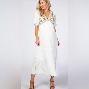 Pinkblush Ivory Floral Embroidered Maternity Midi Maxi Embroidered Dress